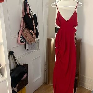 Red rushed maxi dress with slit